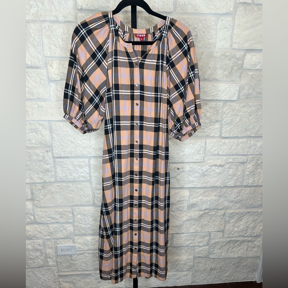 STAUD Plaid Maxi Dress in Black and Tan